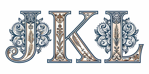 Ornate Floral Letters JKL:  A visually captivating set of letters J, K, and L.  Each letter is intricately decorated with a delicate floral pattern, adding a touch of elegance and sophistication.