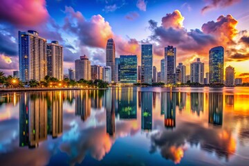 Captivating Miami City Skyline at Dusk with Vibrant Colors and Reflections in the Water for Stunning Urban Photography