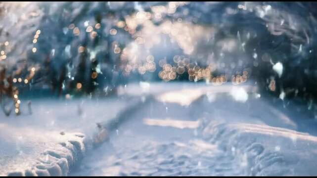 A snow-covered path. A soft snowy landscape with gently falling snowflakes and a barely noticeable bokeh effect is depicted in the background.