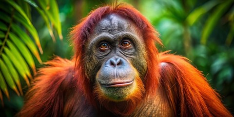 Obraz premium Captivating Orangutan Monkey in Natural Habitat: A Portrait of Endangered Wildlife and Conservation Awareness in the