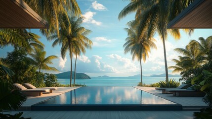 Fototapeta premium Infinity Pool Overlooking Tropical Ocean with Palm Trees