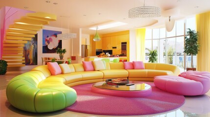 Elegant living room with lollipop sofa, colorful glossy,