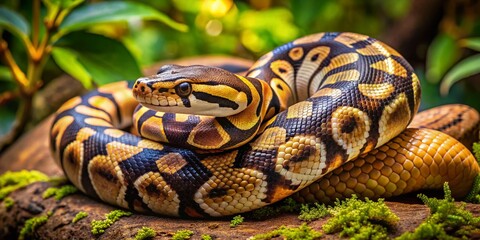 Fototapeta premium Captivating Pied Ball Python in Natural Habitat: A Stunning Example of Exotic Reptiles and Their Unique Color Patterns