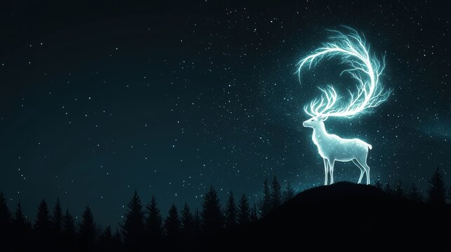 An ethereal white stag with glowing antlers standing on a hill overlooking a moonlit forest its image seeming to shimmer and fade as if a figment of imagination.
