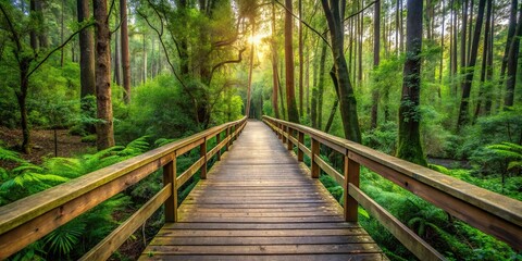 Obraz premium Wooden bridge walkway in forest trees