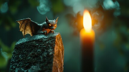 Obraz premium A weathered gargoyle perched atop a mausoleum its stone face seemingly alive in the flickering candlelight its hollow eyes watching over the graveyard with a mournful gaze.