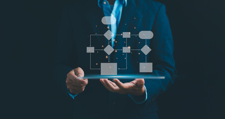 Work process and flowchart Managing the hierarchical structure of organization. Businessman show...