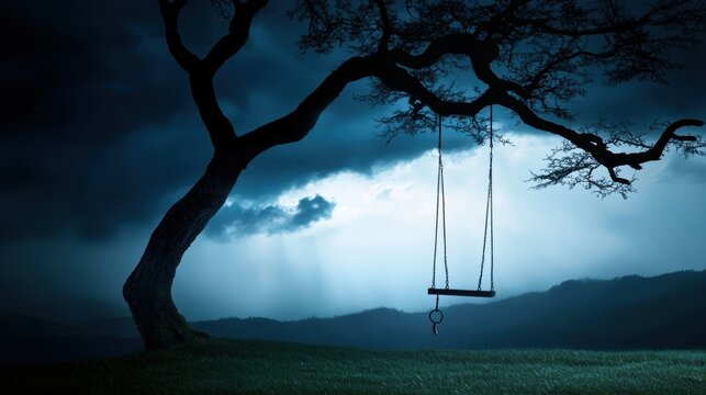 A lone swing set swaying back and forth in the wind beneath a gnarled tree with a noose hanging from one of its branches casting a disturbing shadow on the ground below.