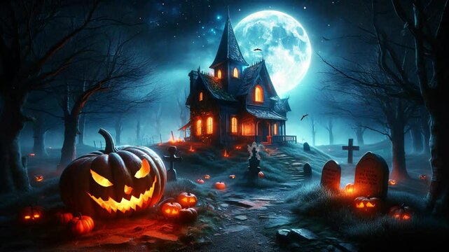 Spooky Halloween Scene, Haunted House, Lofi Style Animation, Seamless Loop