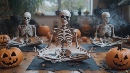 Skeletons doing yoga , perfect for Halloween promotions, greeting cards, gyms, yoga studio and fitness event flyers. Add some humor and fun to your holiday-themed campaigns with this quirky imagery
