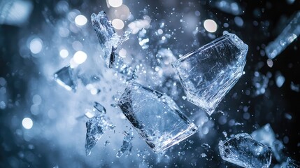A dynamic shot of glass pieces exploding outward, frozen in time with light bouncing off the fractured surfaces and sharp edges