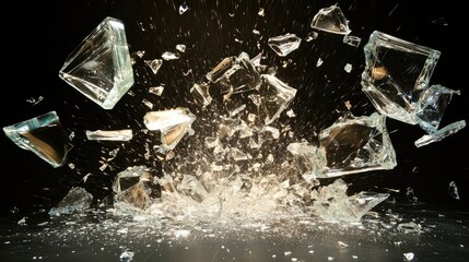A dynamic shot of glass pieces exploding outward, frozen in time with light bouncing off the fractured surfaces and sharp edges
