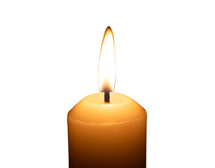 A single burning candle flame or light glowing on a big white candle isolated in table in church...