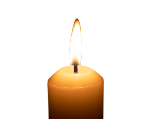 A single burning candle flame or light glowing on a big white candle isolated in table in church for Christmas, funeral or memorial service