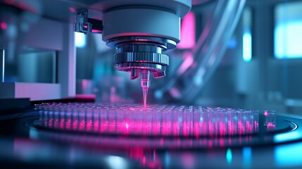 Automated laboratory machines working with gene editing tools in a futuristic biotechnology lab