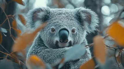 Fototapeta premium A macro shot of a koala ash-colored fur, highlighting the soft, grey fleece with touches of white, framed by eucalyptus trees background.