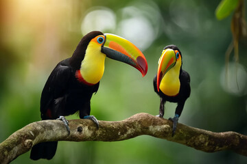 Vibrant toucan resting on branch in rainforest