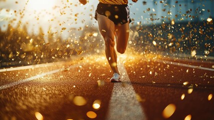 Triumphant runner, celebrating on the track with a clenched fist, golden confetti flying around