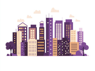 Fototapeta premium An illustration of modern city buildings, simple flat design with clean lines in shades of brown and purple on a white background.