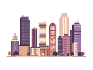 An illustration of modern city buildings, simple flat design with clean lines in shades of brown and purple on a white background.