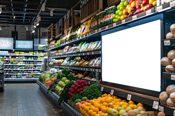 Vibrant Grocery Aisle Filled with Fresh Produce and Empty Display Screen