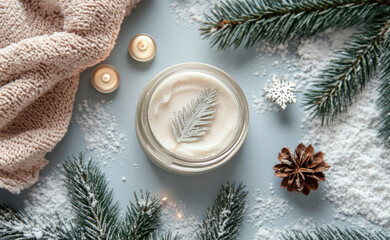 Trendy face mask or cream in jar on winter background top view, winter mood concept