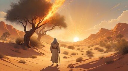 Fototapeta premium dramatic biblical scene depicting moses facing a luminous burning bush ethereal golden light illuminates the desert landscape creating an aweinspiring atmosphere
