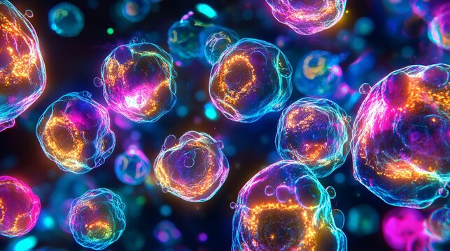 Microscope view of bioengineered cells glowing in different colors breakthrough biotech research vibrant hues advanced microscopic technology