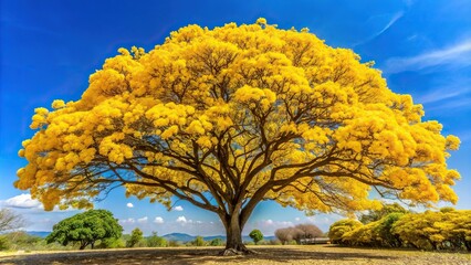 Fototapeta premium Yellow ipe tree blooming in a beautiful panorama