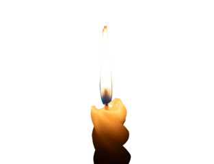 A single burning candle flame or light glowing on a small spiral white candle isolated with clipping path in png file format