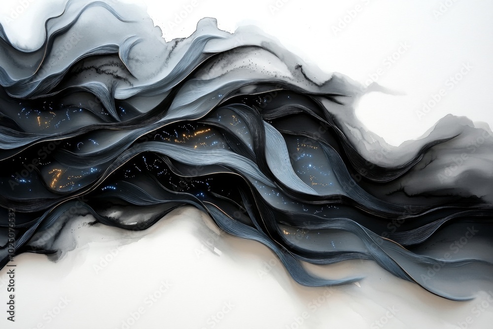 Poster cyber warfare is represented in a soft watercolor painting, with abstract, flowing lines of data str