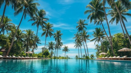 Fototapeta premium Tranquil Swimming Pool Surrounded by Lush Palm Trees in a Tropical Paradise