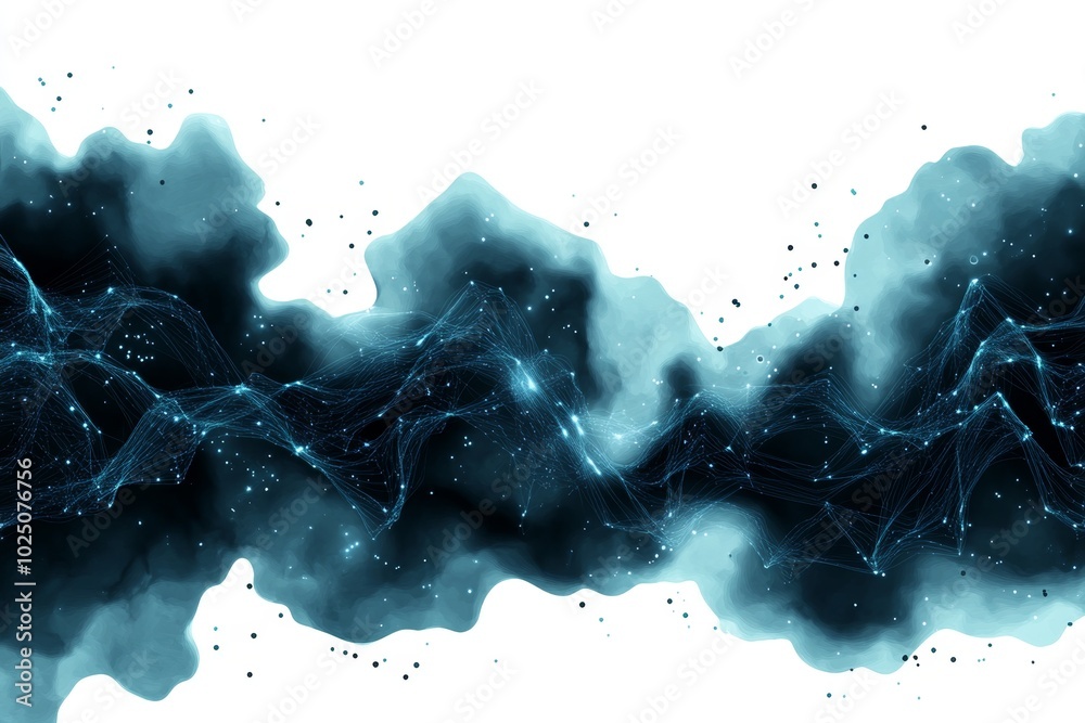 Poster cyber warfare is represented in a soft watercolor painting, with abstract, flowing lines of data str