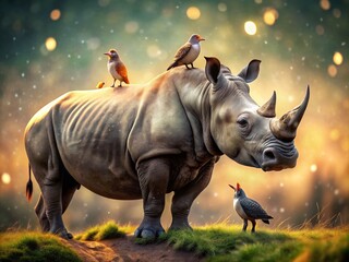 Fototapeta premium Charming Birds Perched on a Majestic Rhino in Natural Habitat Creating a Unique Wildlife Scene