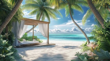 Tropical Beach Getaway with Canopy Bed and Palm Trees
