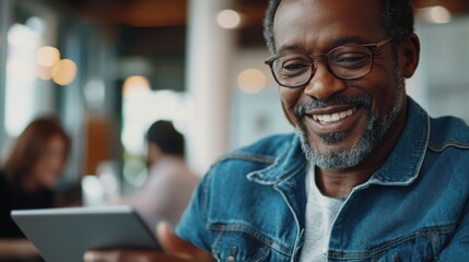 Obraz premium Smiling mature businessman wearing a denim jacket, focused on his tablet in an informal meeting, close-up shot with blurred colleagues nearby.
