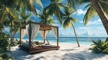 Fototapeta premium Tropical Beach Cabana with White Curtains and Ocean View