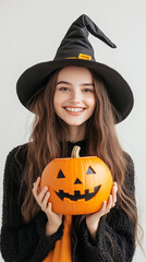 Fototapeta premium Smiling girl in Halloween witch costume holding pumpkin