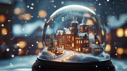 A close-up of a glass snow globe with a miniature city in holiday season inside, with snowfall effect