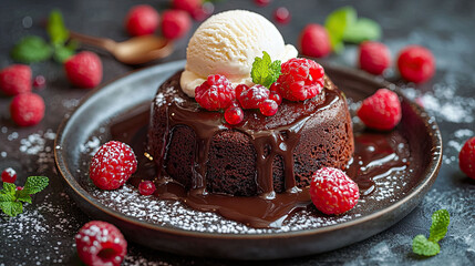 Decadent chocolate lava cake with molten center, vanilla ice cream and fresh raspberries in cozy café setting