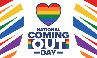 National Coming Out Day. Happy holiday. Pride month. LGBT rainbow flag. Diversity and equality. Gay and lesbian. Free love, heart shape. Illustration. Vector poster