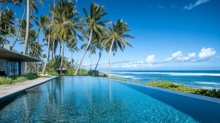Naklejka premium Infinity Pool Overlooking a Tropical Ocean with Palm Trees