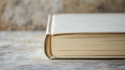 Closed book with a bookmark sticking out on a neutral background.