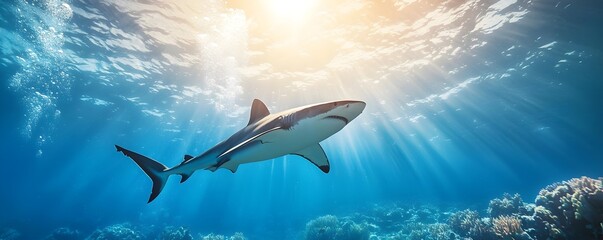 Naklejka premium Underwater scene featuring divers amidst bubbles a large shark silhouette against a bright coral reef illuminated by glowing blue water and rays of sunlight