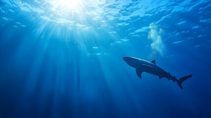 Fototapeta premium Open ocean diving with a majestic shark silhouette against the deep blue capturing the exhilarating freedom and isolation of these aquatic giants