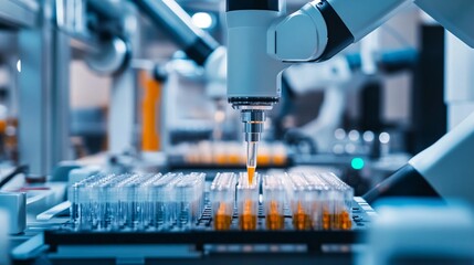 Close-up of advanced pipetting robots handling genetic samples in a biotechnology lab precise genetic work advanced robotics high-tech lab environment