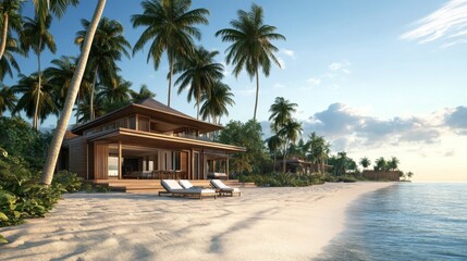 Modern Tropical Beach House with Loungers and Palm Trees