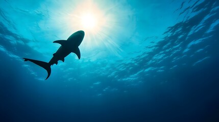 Diver poised at an underwater cliffs edge with a large shark silhouette nearby showcasing a dramatic drop-off and captivating shadows in a breathtaking underwater scene