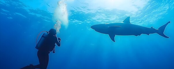 Majestic Whale Migration Encounter - Diver Awed by Giant Creatures and Shark Silhouette in Serene Blue Horizon