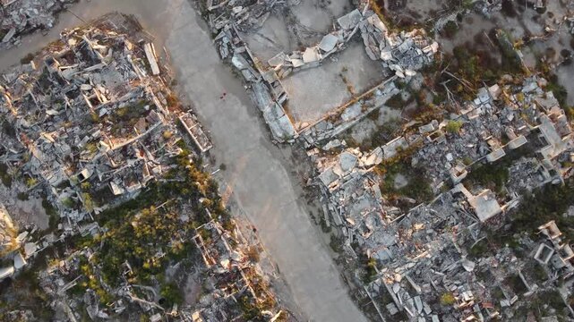 Drone Aerial shot of center Epecuen destroyed city.